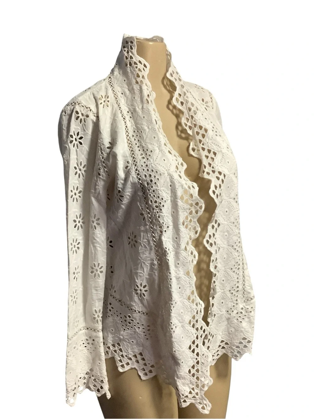Lauren Ralph Lauren White Lace Eyelet Embroidered Open-Front Jacket Size PM